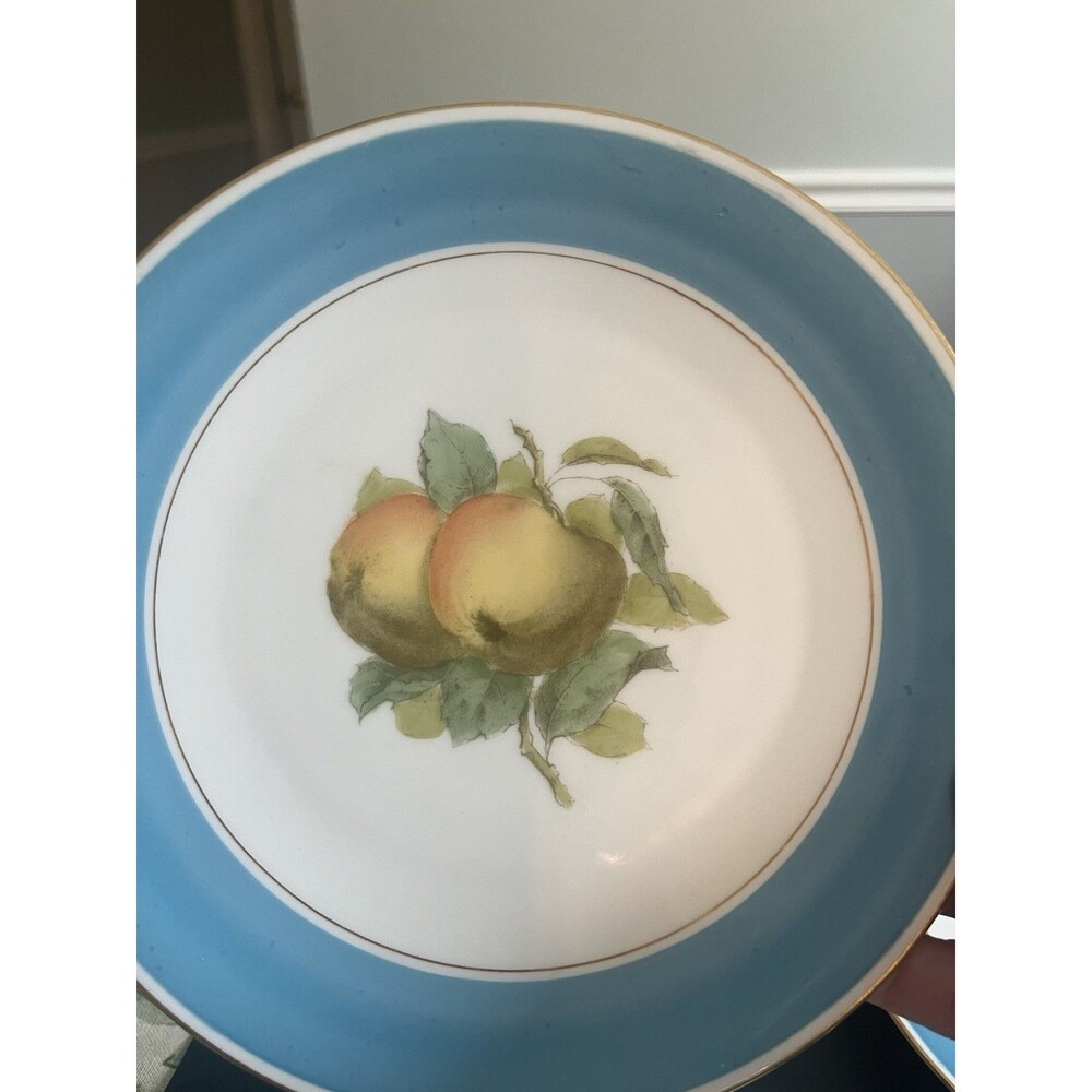 T&V Limoges France Peach Fruit Blue Rimmed 8” Luncheon Dessert Plates 3pc